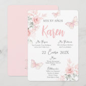 Pink Butterfly Quinceañera Spaanse uitnodiging (Voorkant / Achterkant)