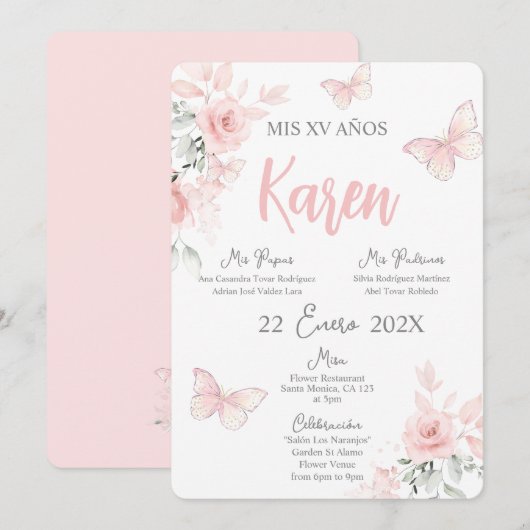 Pink Butterfly Quinceañera Spaanse uitnodiging (Voorkant / Achterkant)