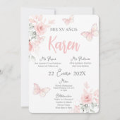 Pink Butterfly Quinceañera Spaanse uitnodiging (Voorkant)