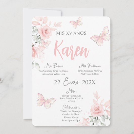 Pink Butterfly Quinceañera Spaanse uitnodiging (Voorkant)