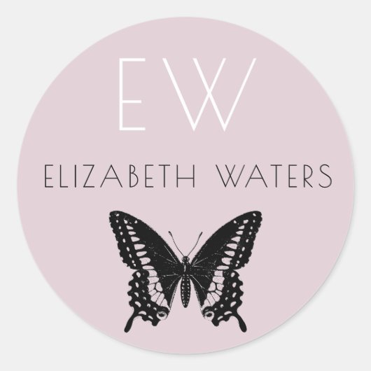 PINK BUTTERFLY ROND CUSTOM NAME STICKER (Voorkant)