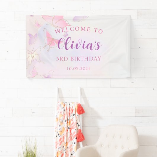 Pink Butterfly Verjaardag Party Banner (Insitu)