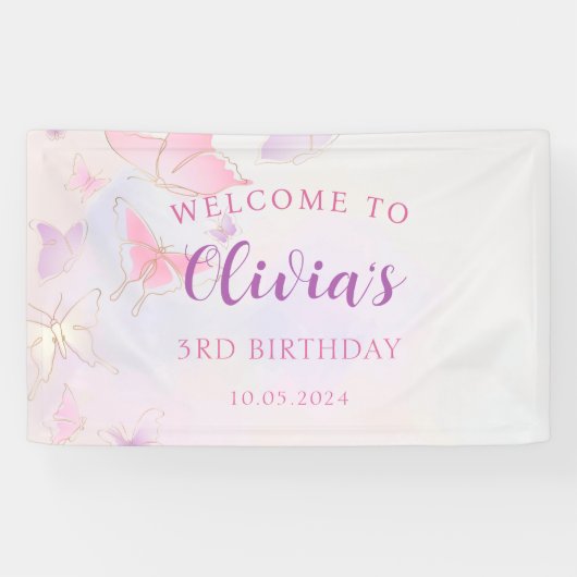 Pink Butterfly Verjaardag Party Banner (Horizontaal)