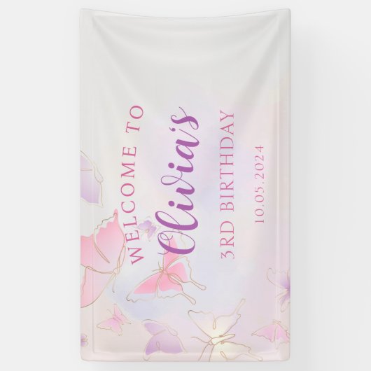 Pink Butterfly Verjaardag Party Banner (Verticaal)