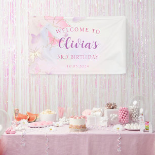 Pink Butterfly Verjaardag Party Banner
