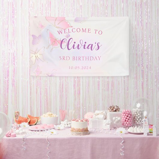 Pink Butterfly Verjaardag Party Banner