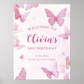 Pink Butterfly Verjaardagsfeest Welkom Poster (Voorkant)
