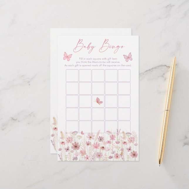 Pink Butterfly Wildflowers Baby Shower Bingo Game (Voorkant / Achterkant in situ)