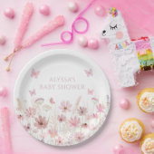 Pink Butterfly Wildflowers Baby Shower Papieren Bordje (Feest)