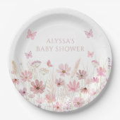 Pink Butterfly Wildflowers Baby Shower Papieren Bordje (Voorkant)