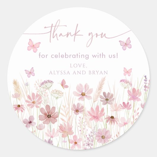 Pink Butterfly Wildflowers Baby Shower Ronde Sticker (Voorkant)