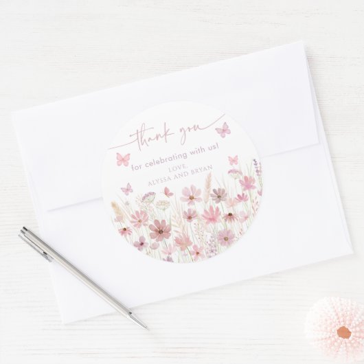 Pink Butterfly Wildflowers Baby Shower Ronde Sticker (Envelop)