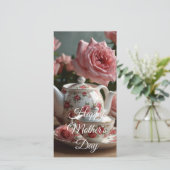 Pink Cabbage Rose Tea Feestdagenkaart (Staand voorkant)