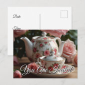 Pink Cabbage Rose Tea  Invitation Postcard Uitnodiging Briefkaart (Voorkant / Achterkant)