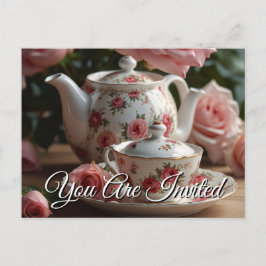 Pink Cabbage Rose Tea  Invitation Postcard Uitnodiging Briefkaart