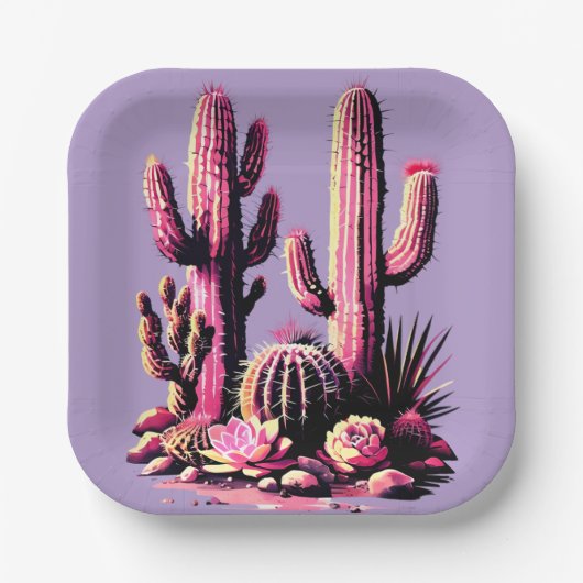 Pink Cacti Batch-Light Purple Background Papieren Bordje (Voorkant)