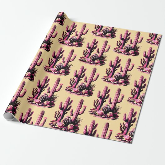 Pink Cacti Batch-Tan Background Cadeaupapier (Uitgerold)