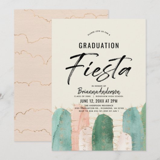 Pink Cactus Afstuderen Fiesta Kaart (Voorkant / Achterkant)