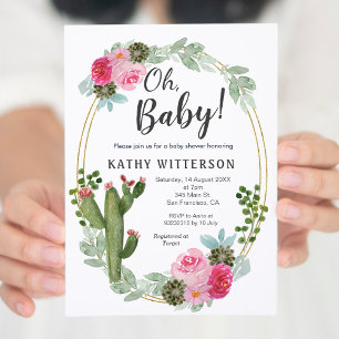 Pink Cactus Floral baby shower Kaart