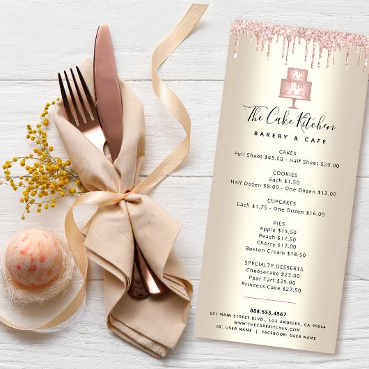 Pink Cake Bakery Glitter Pastry Chef Menu Gold