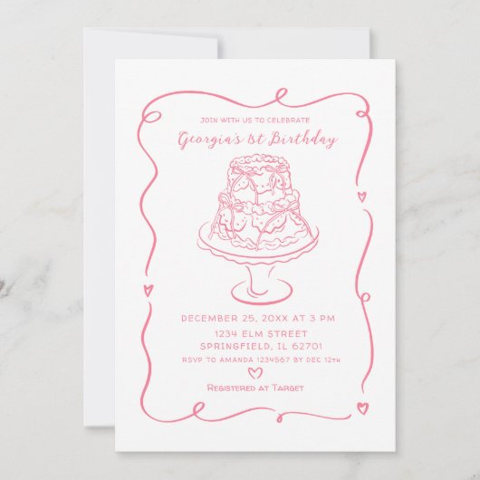 Pink Cake Conquette Bow Girl's 1e verjaardag Kaart (Voorkant)