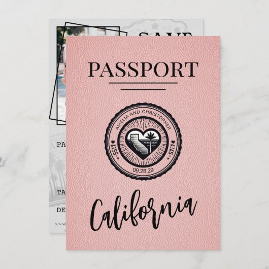 Pink California Passport Bewaar de datum Save The Date (Voorkant / Achterkant)