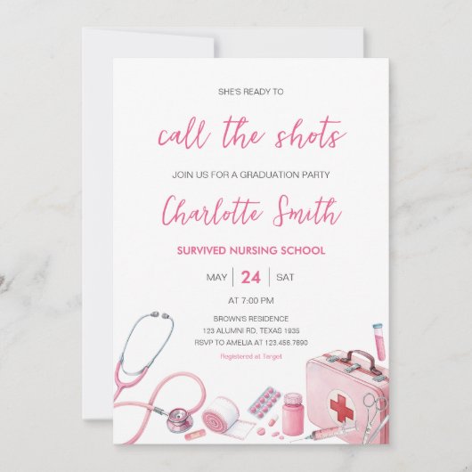 Pink Call the Shots Nursing Afstudeerfeest Kaart (Voorkant)