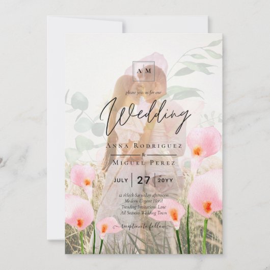 PINK CALLA LIES PHOTO OVERLAY WEDDING INVITE KAART (Voorkant)