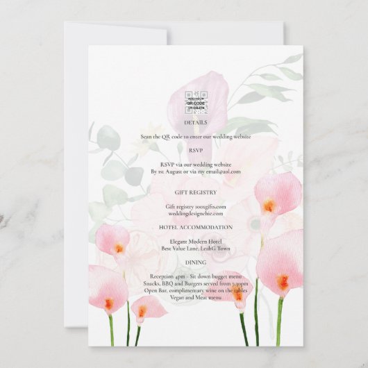 PINK CALLA LIES PHOTO OVERLAY WEDDING INVITE KAART (Achterkant)