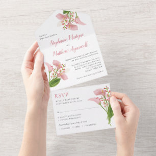 Pink Calla Lily Waterverf Floral Wedding All In One Uitnodiging