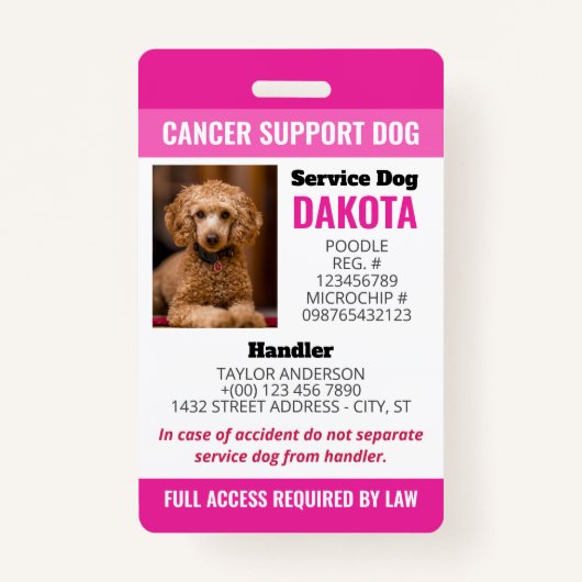 Pink Cancer Support Dog Logo QR Code Foto-ID Badge (Voorkant)
