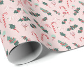 Pink Candy Cane & Holly Christmas Wrapping Paper Cadeaupapier (Rol Hoek)