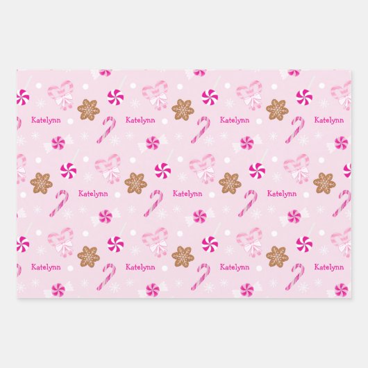Pink Candy Cane Snowflake en Gingerbread Voeg naam Inpakpapier Vel (Voorkant 2)