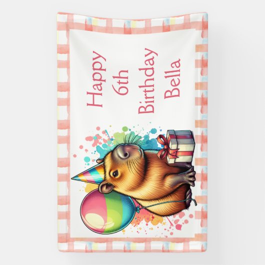  Pink Capybara Themed Girl's Happy Birthday  Spandoek (Verticaal)