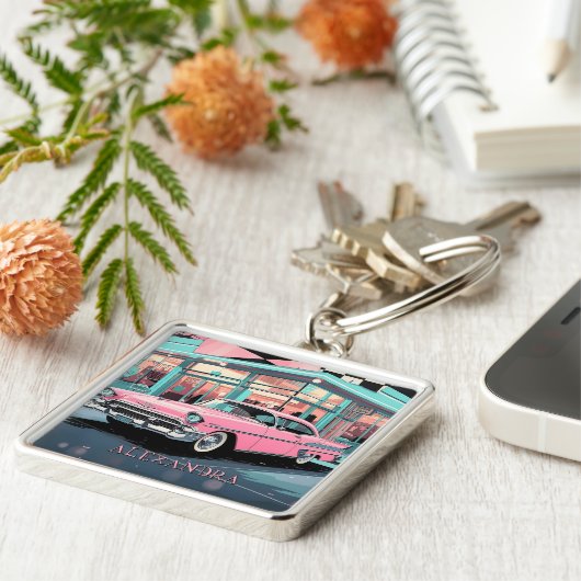 Pink Car 1950s Diner Retro Mid‑Century Custom Sleutelhanger (Zijkant)