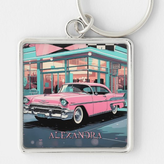 Pink Car 1950s Diner Retro Mid‑Century Custom Sleutelhanger (Voorkant)