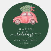 Pink Car Happy Holiday Script Round Sticker (Voorkant)