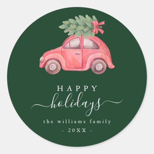 Pink Car Happy Holiday Script Round Sticker (Voorkant)