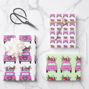 Pink Car with Christmas Gifts Inpakpapier Vel