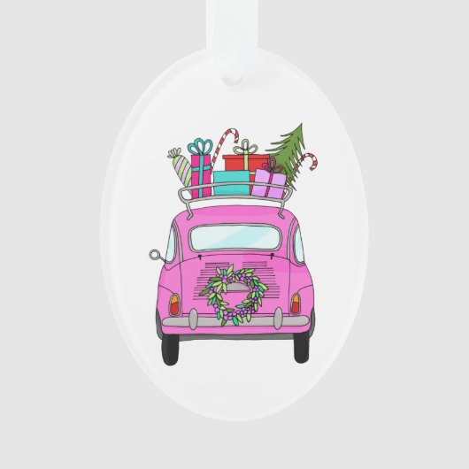 Pink Car with Christmas Gifts Ornament (voorkant)