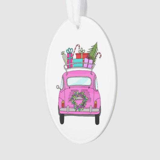 Pink Car with Christmas Gifts Ornament (voorkant)