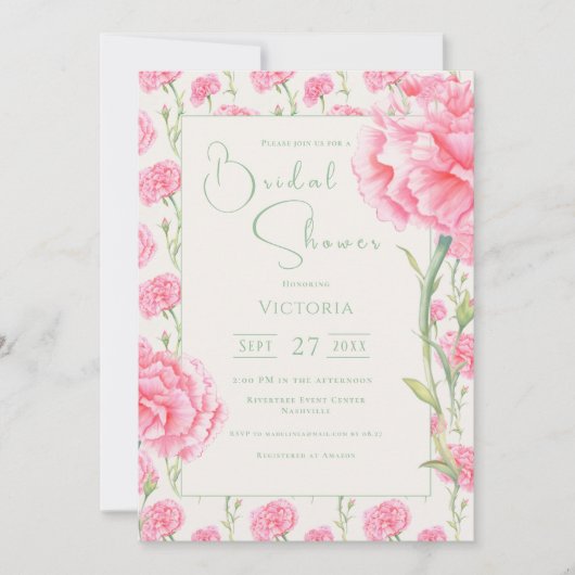 Pink Carnation Floral Bridal Shower Invitation Kaart (Voorkant)