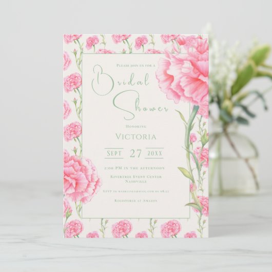 Pink Carnation Floral Bridal Shower Invitation Kaart (Staand voorkant)
