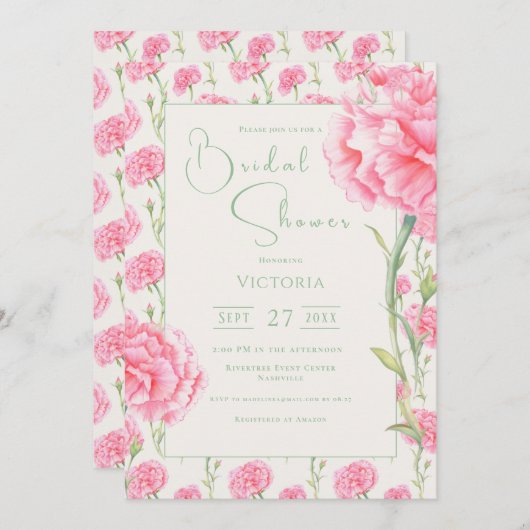 Pink Carnation Floral Bridal Shower Invitation Kaart (Voorkant / Achterkant)