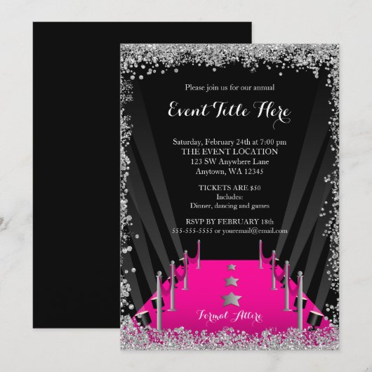 Pink Carpet Hollywood Silver Glitter Formele Gebeu Kaart (Voorkant / Achterkant)