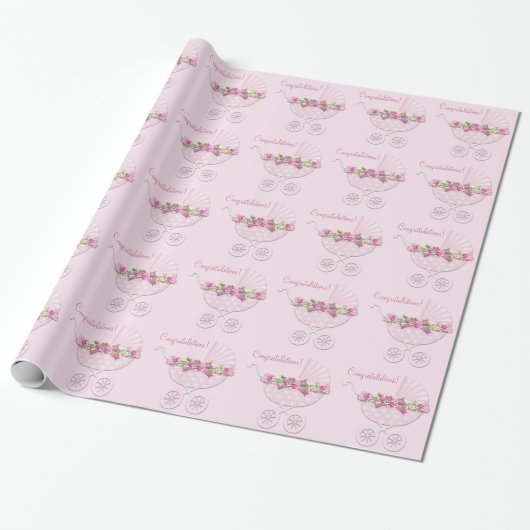 Pink Carriage Baby Girl Cadeaupapier (Uitgerold)