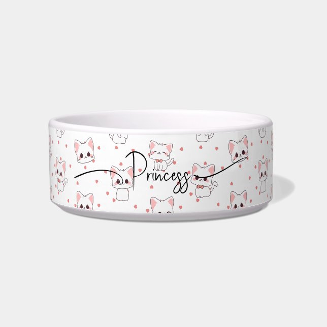 Pink Cartoon Cat Pattern with Stars and Pet Name  Voerbakje (Voorkant)