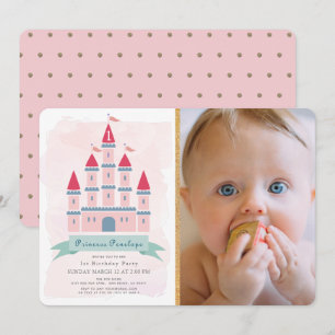 Pink Castle Princess Girl Foto 1st Birthday Kaart