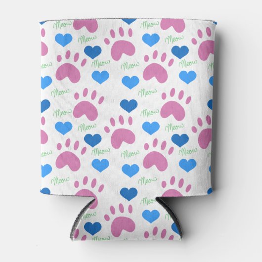 Pink Cat Paw Blue Hearts Meow Pattern Blikjeskoeler (Voorkant)
