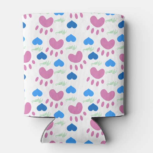 Pink Cat Paw Blue Hearts Meow Pattern Blikjeskoeler (Achterkant)